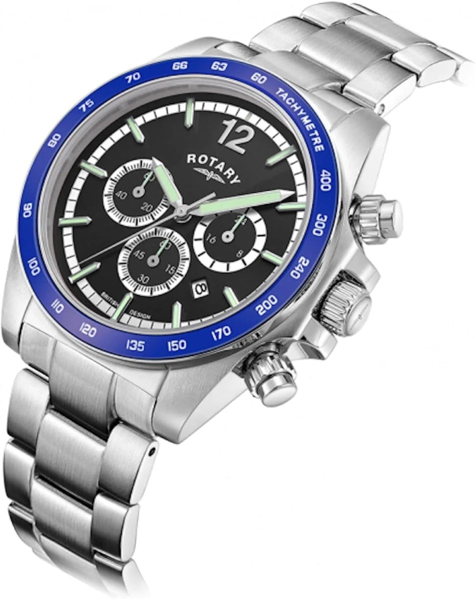Rotary Mens Henley Chronograph Watch with Black Dial & Silver Bracelet GB05440/72