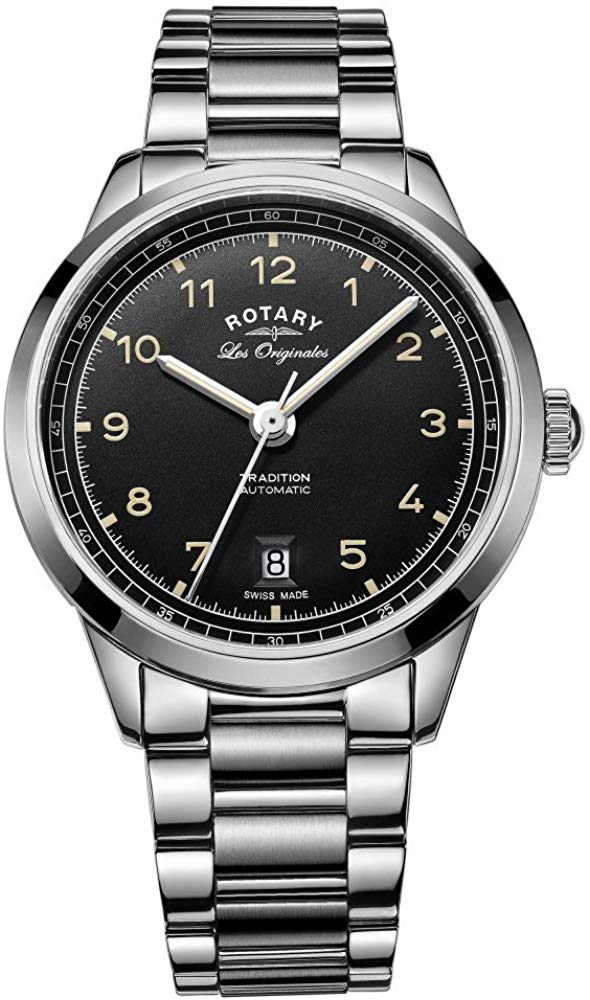 Rotary Men's Automatic Watch with Black Dial and Silver coloured Bracelet GB90184/19