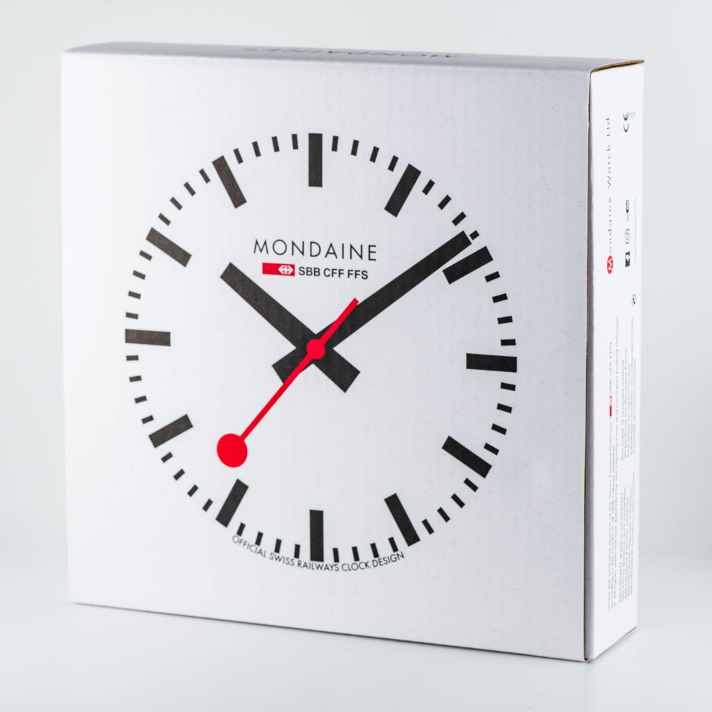 Cloc Wal Mondaine gydag Wyneb Gwyn ac Achos Du A990.CLOCK.12SBB
