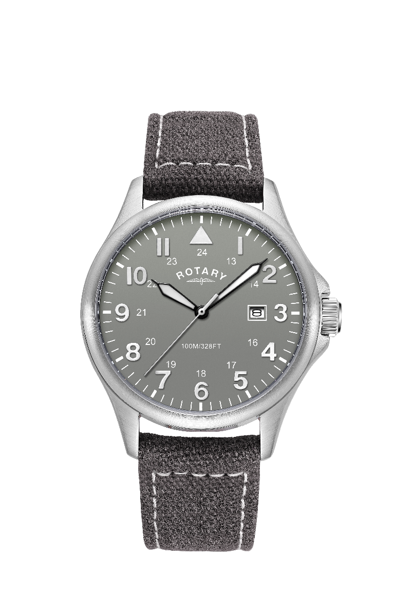 Rotary Mens Pilot Watch with Grey Dial and Grey Canvas Strap GS00473/48