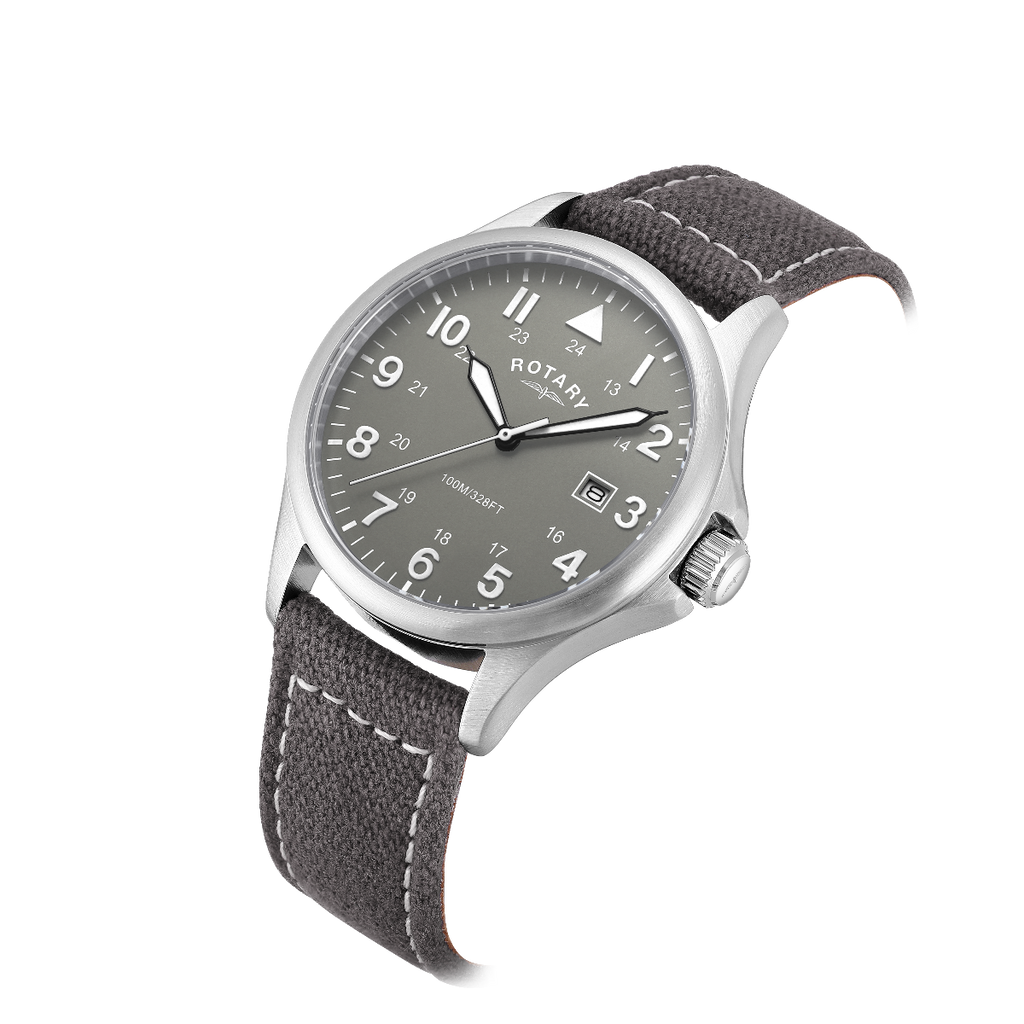 Rotary Mens Pilot Watch with Grey Dial and Grey Canvas Strap GS00473/48