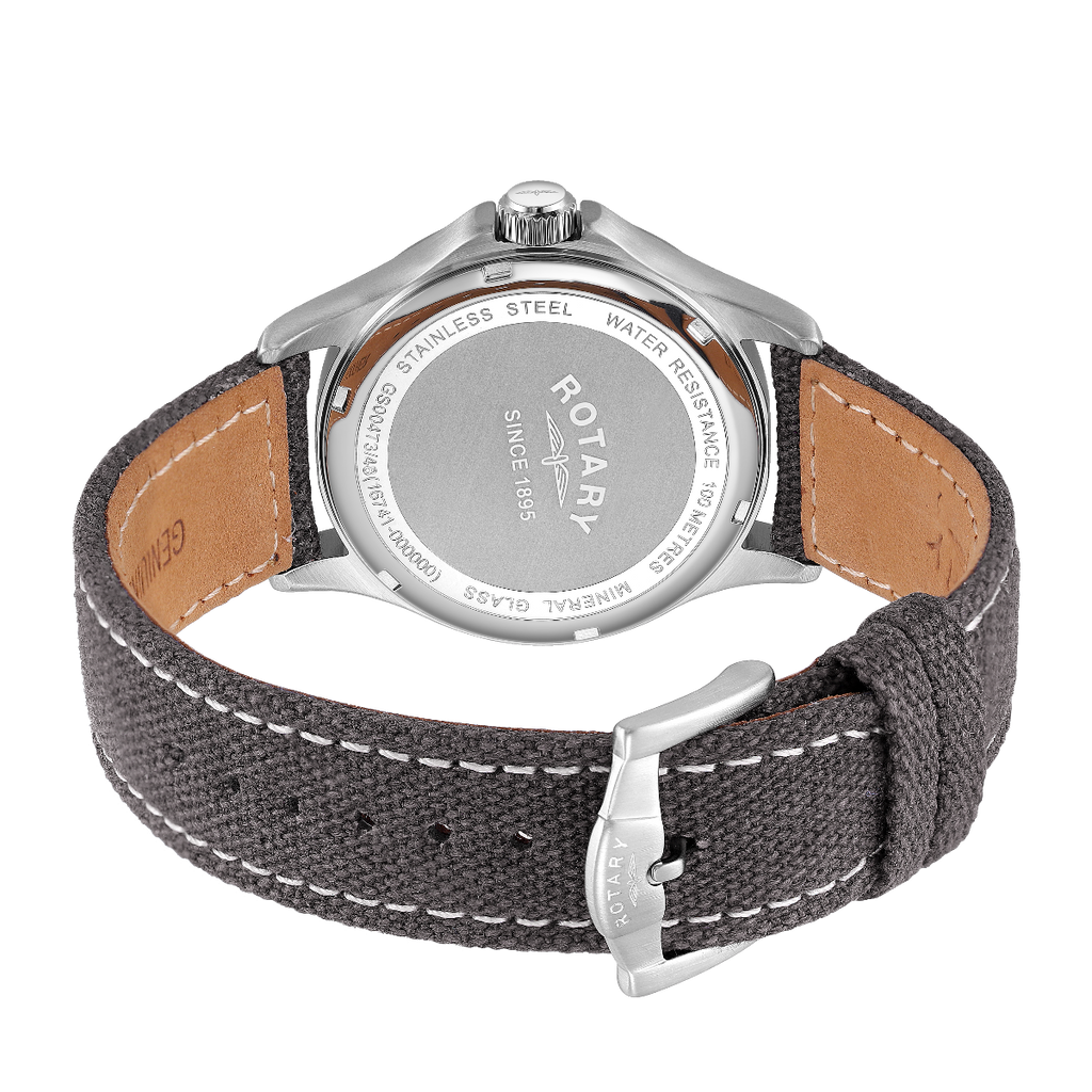 Rotary Mens Pilot Watch with Grey Dial and Grey Canvas Strap GS00473/48