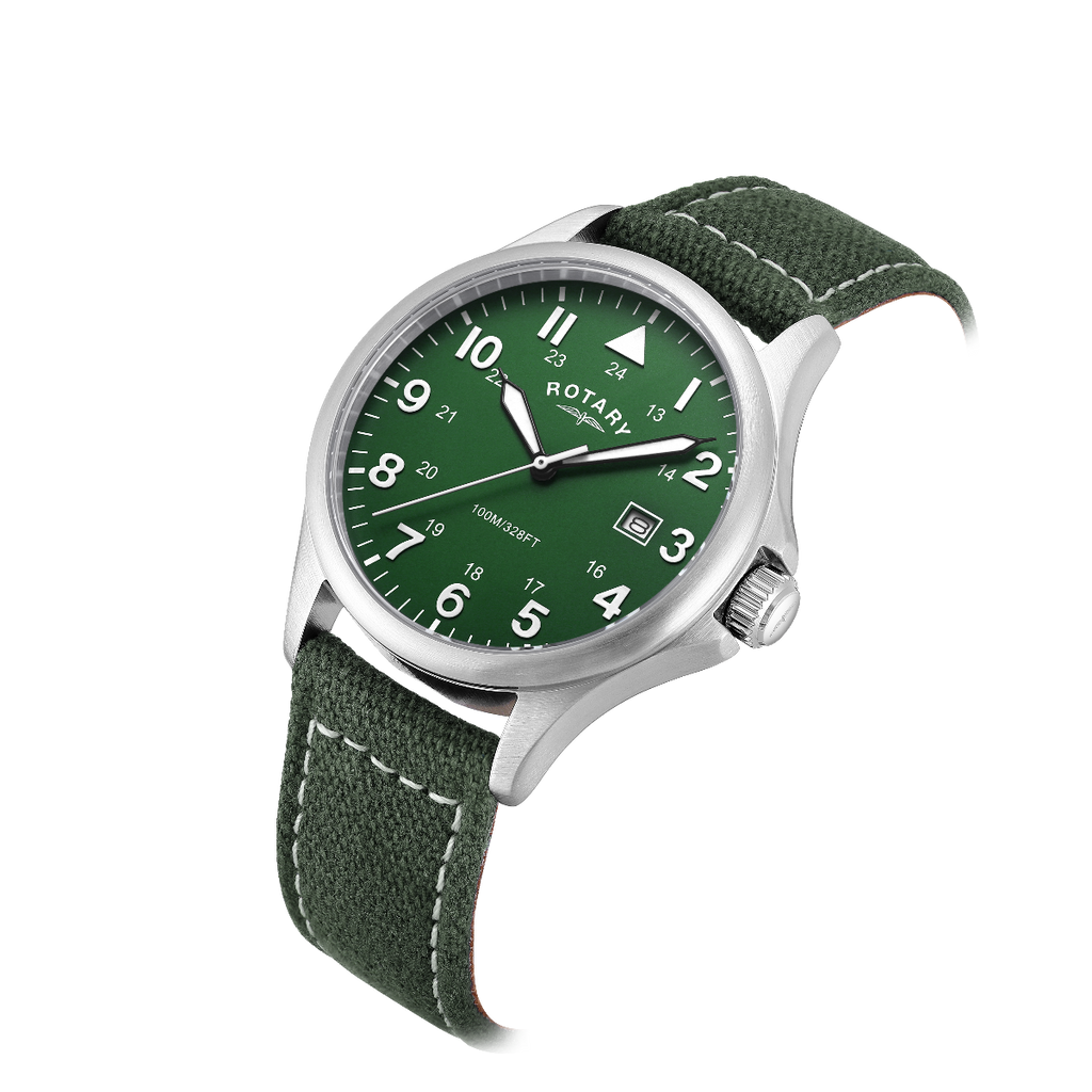 Rotary Mens Pilot Watch with Green Dial and Green Canvas Strap GS00473/56