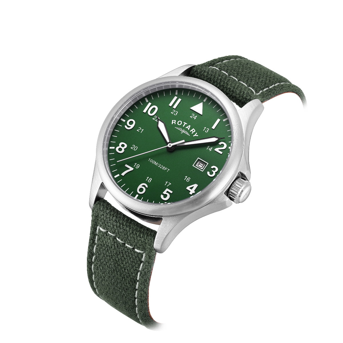 Rotary Mens Pilot Watch with Green Dial and Green Canvas Strap GS00473/56