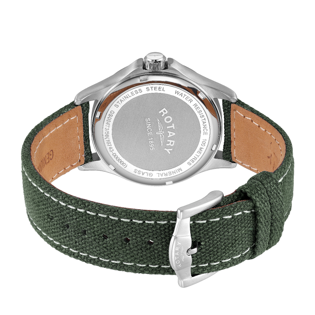 Rotary Mens Pilot Watch with Green Dial and Green Canvas Strap GS00473/56