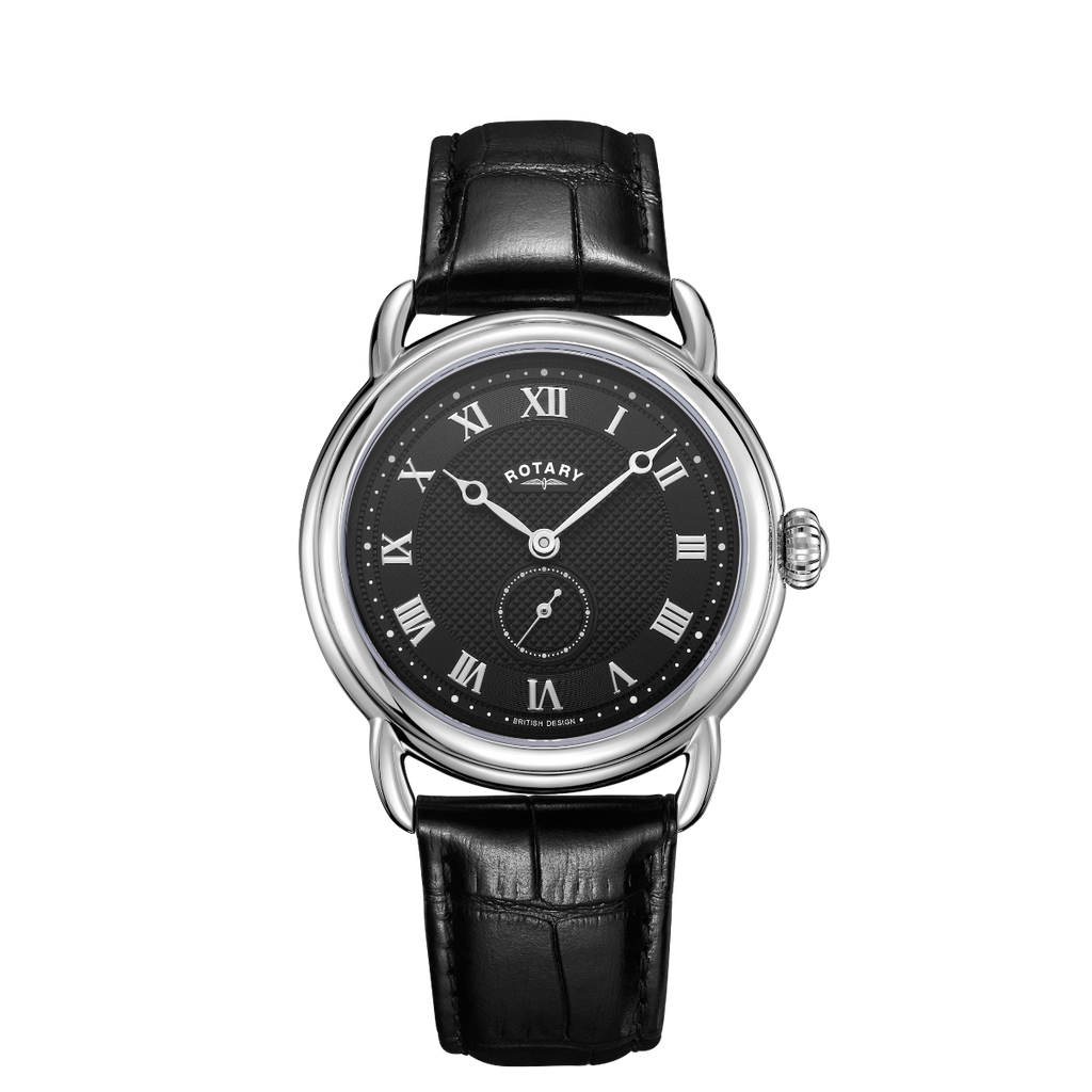 Clocwaith Dynion Vintage Rotary gyda Strap Lledr Du a Deial Du GS02424/04