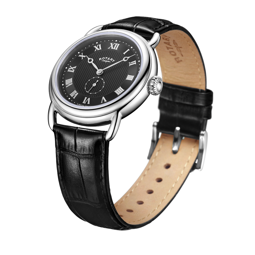 Clocwaith Dynion Vintage Rotary gyda Strap Lledr Du a Deial Du GS02424/04