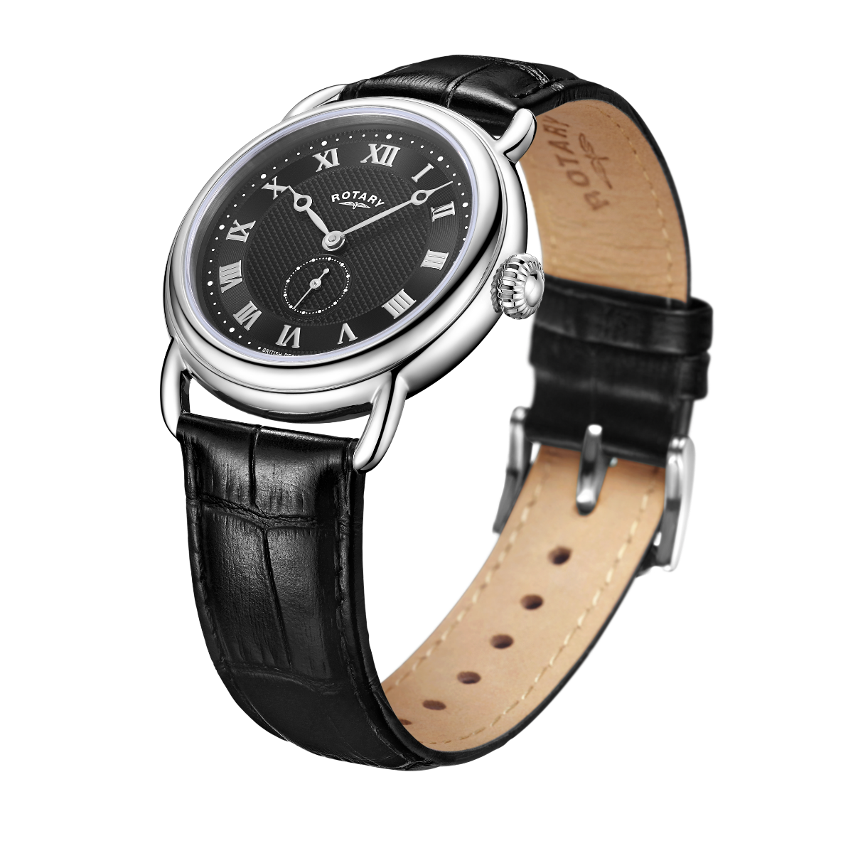 Clocwaith Dynion Vintage Rotary gyda Strap Lledr Du a Deial Du GS02424/04
