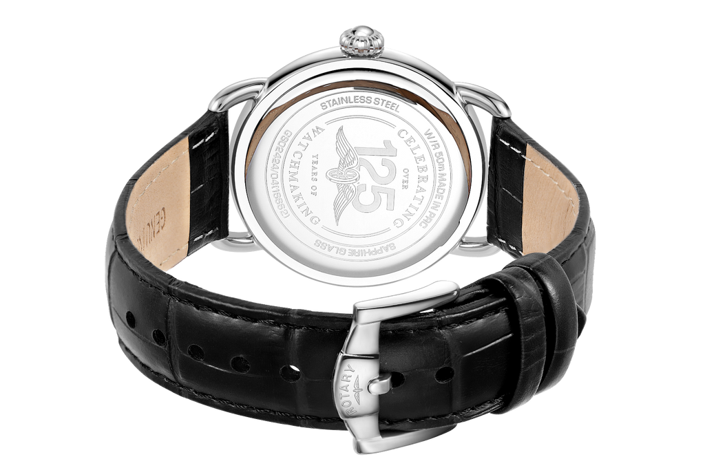 Clocwaith Dynion Vintage Rotary gyda Strap Lledr Du a Deial Du GS02424/04