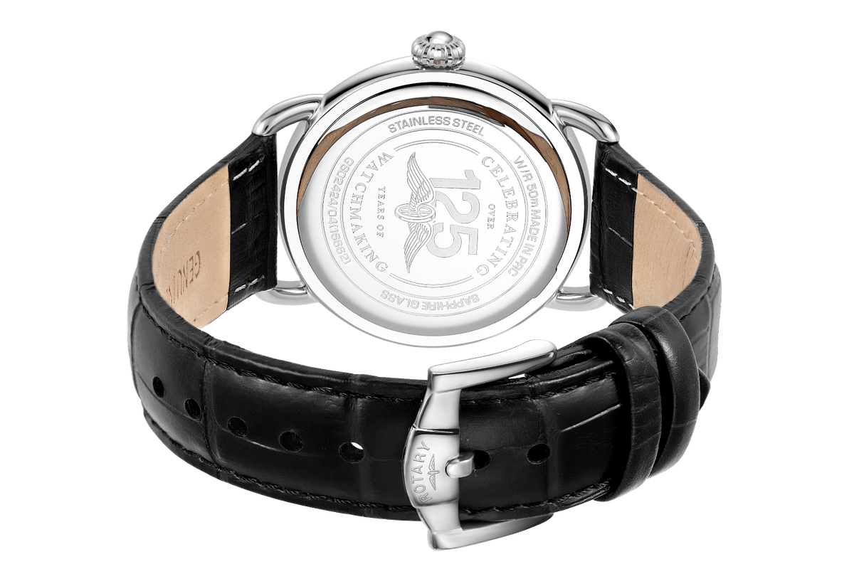 Clocwaith Dynion Vintage Rotary gyda Strap Lledr Du a Deial Du GS02424/04