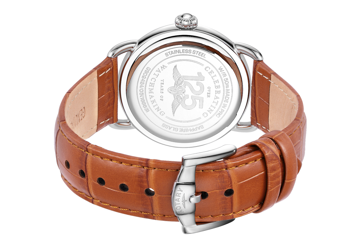 Clocsen Awr Dynion Vintage Rotary gyda Strap Lledr Felyn-Dyllu a Deial Glas GS02424/05