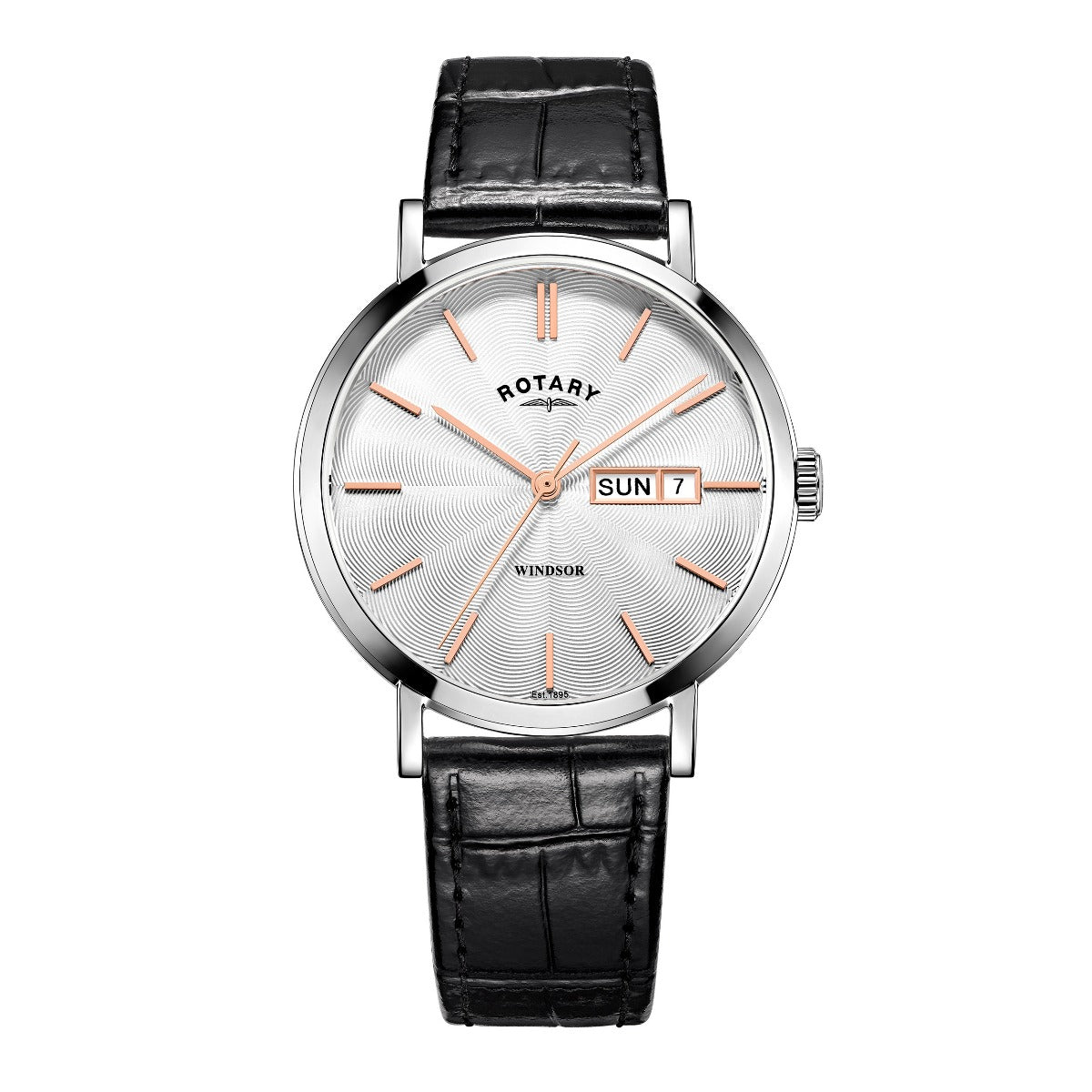 Rotary Windsor Mens Watch with Black Leather Strap and Silver Dial GS05304/06