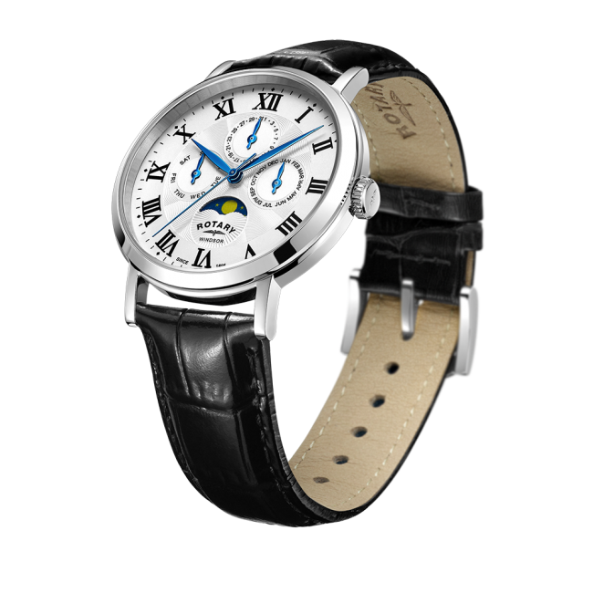 Cloc Windsor Clasurol i Ddynion gan Rotary gydag Wyneb Gwyn a Strap Lledr Du GS05325/01