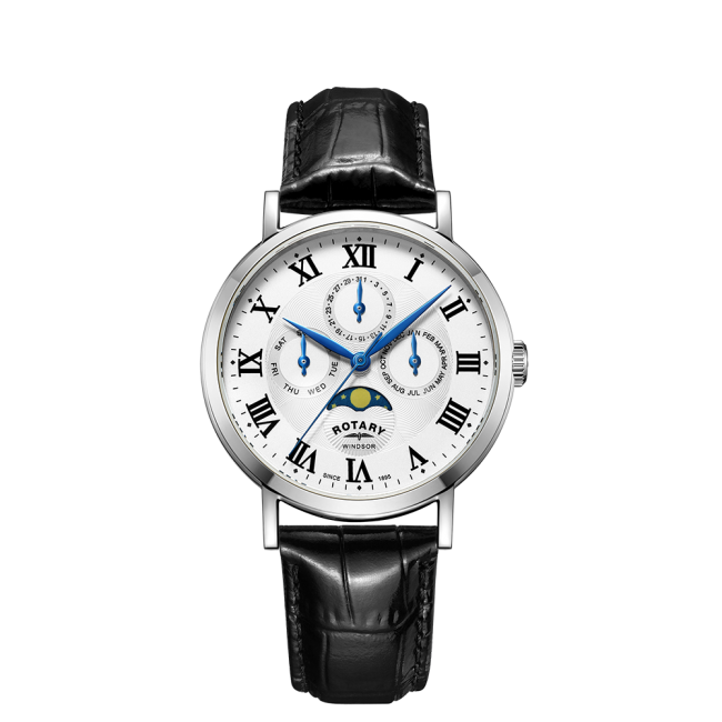 Cloc Windsor Clasurol i Ddynion gan Rotary gydag Wyneb Gwyn a Strap Lledr Du GS05325/01