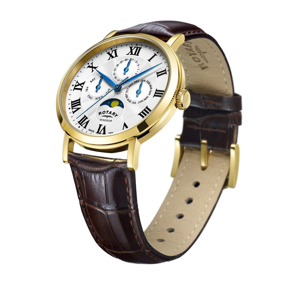 Rotary Mens Windsor Moonphase Watch with White Dial and Brown Strap GS05328/01