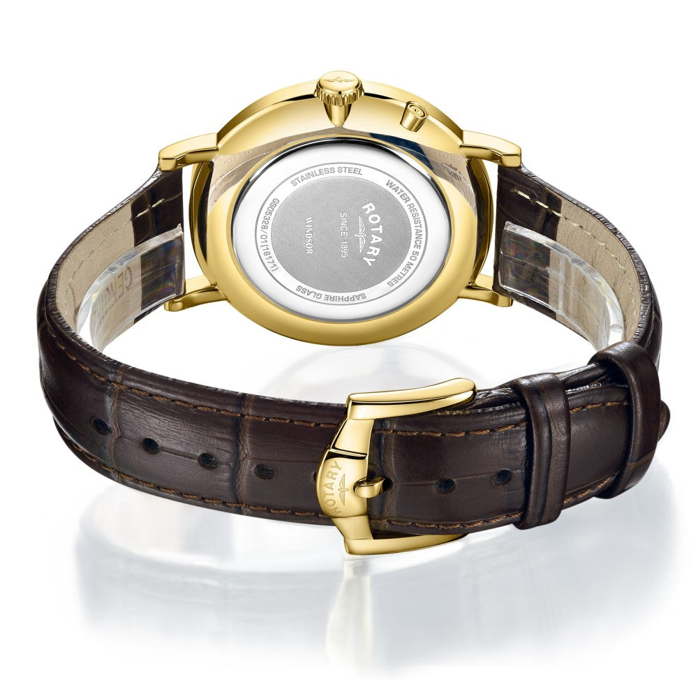 Rotary Mens Windsor Moonphase Watch with White Dial and Brown Strap GS05328/01
