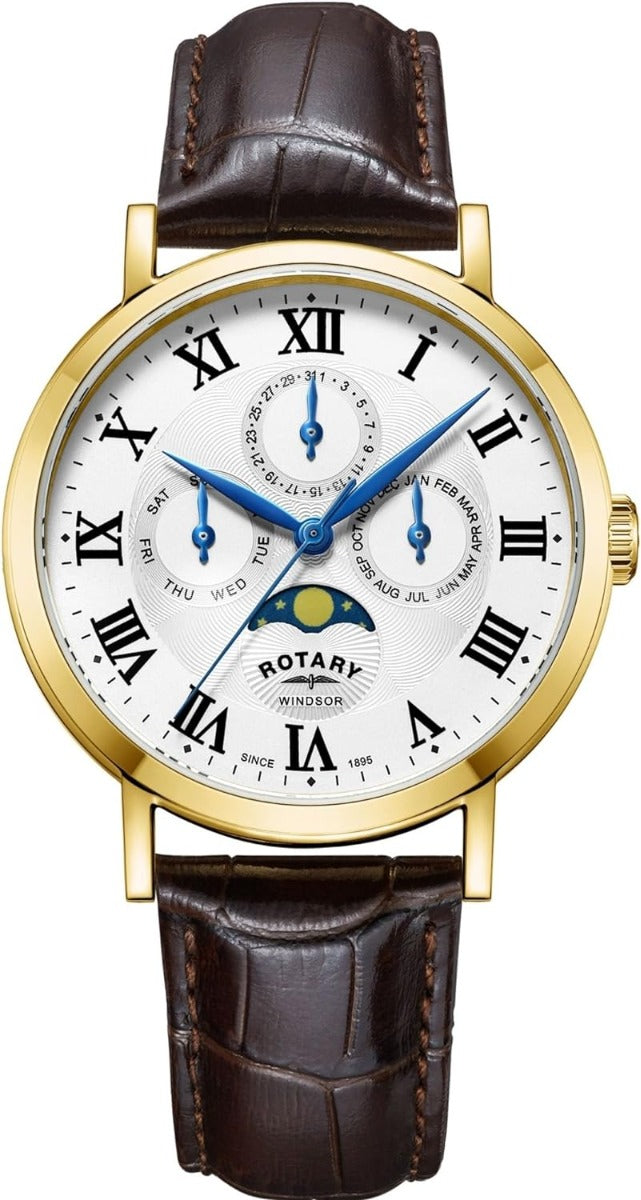 Rotary Mens Windsor Moonphase Watch with White Dial and Brown Strap GS05328/01