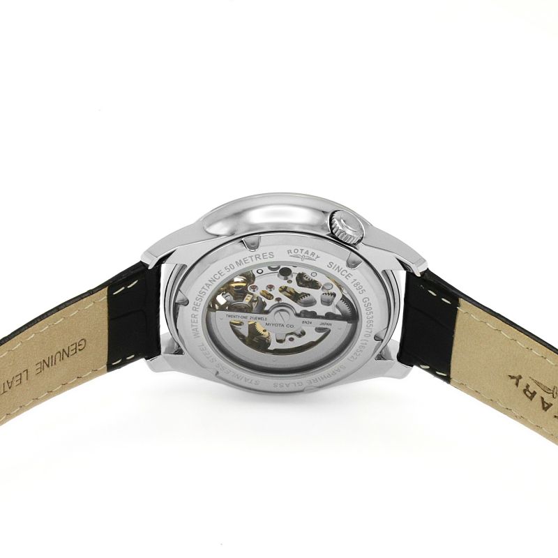 Cloc Awtomatig Dynion Rotary Cambridge gyda Strap Lledr Du GS05365/70