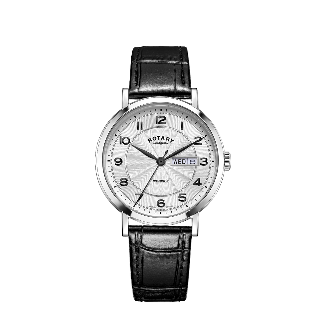 Cloc Dynion Rotary Windsor gyda Deial Arian a Strap Ledr Ddu GS05420/22