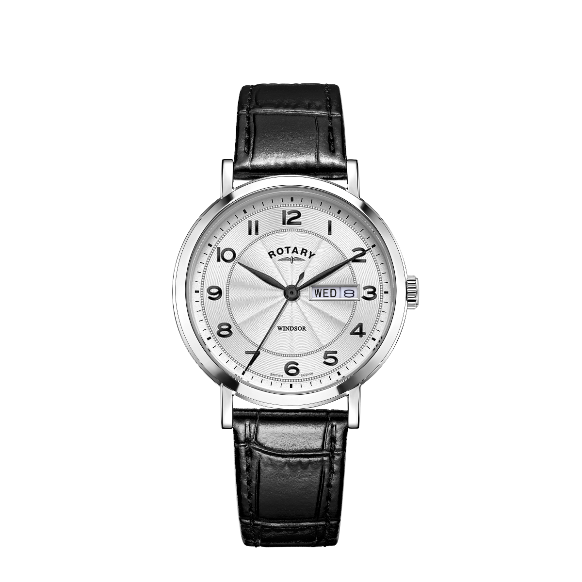 Cloc Dynion Rotary Windsor gyda Deial Arian a Strap Ledr Ddu GS05420/22