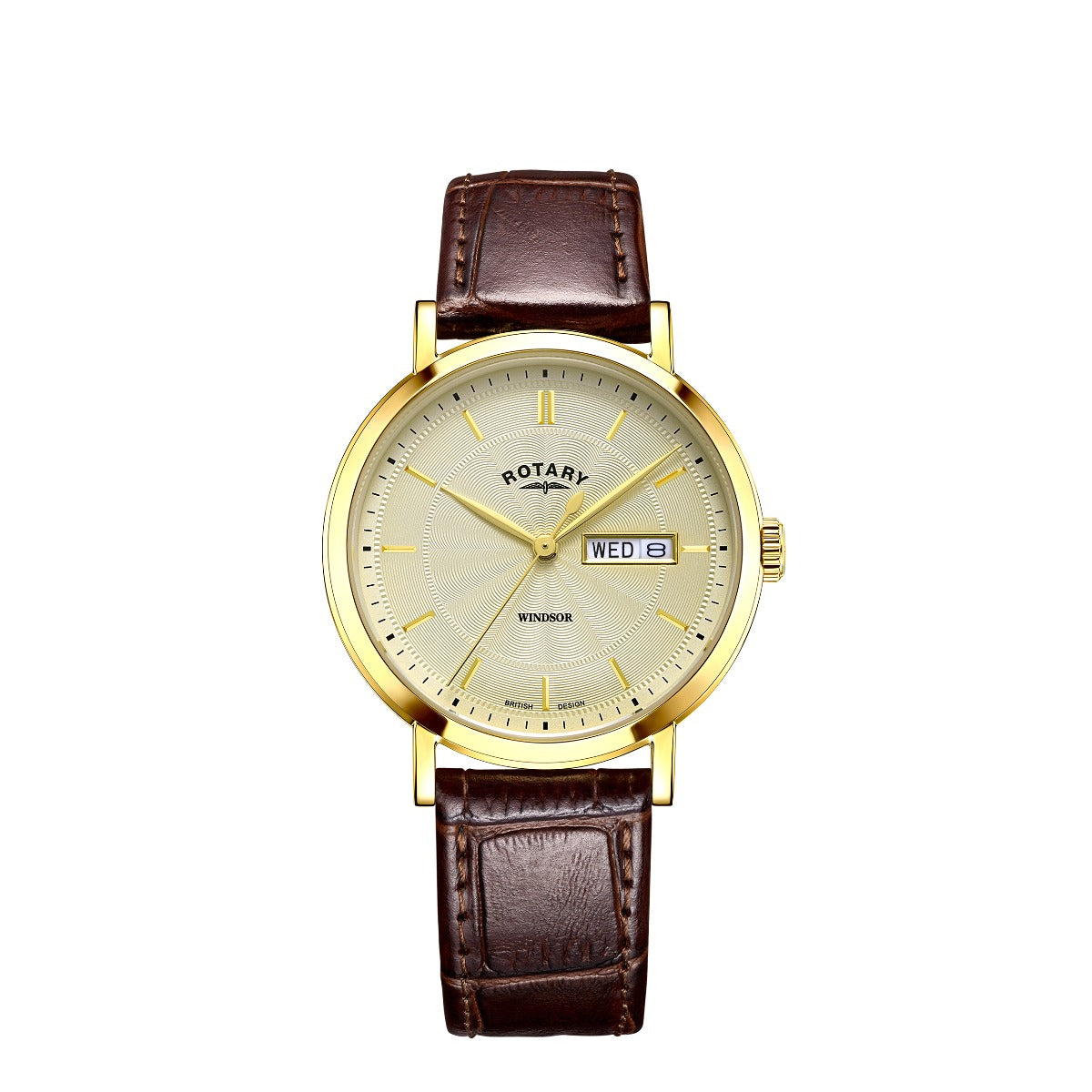 Rotary Mens Windsor Watch with Gold Sunray Dial and Brown Strap GS05423/03