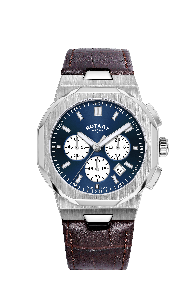 Gwyl Chronograff Dynion Rotary Regent gyda Deial Glas a Strap Lledr Brown GS05450/05