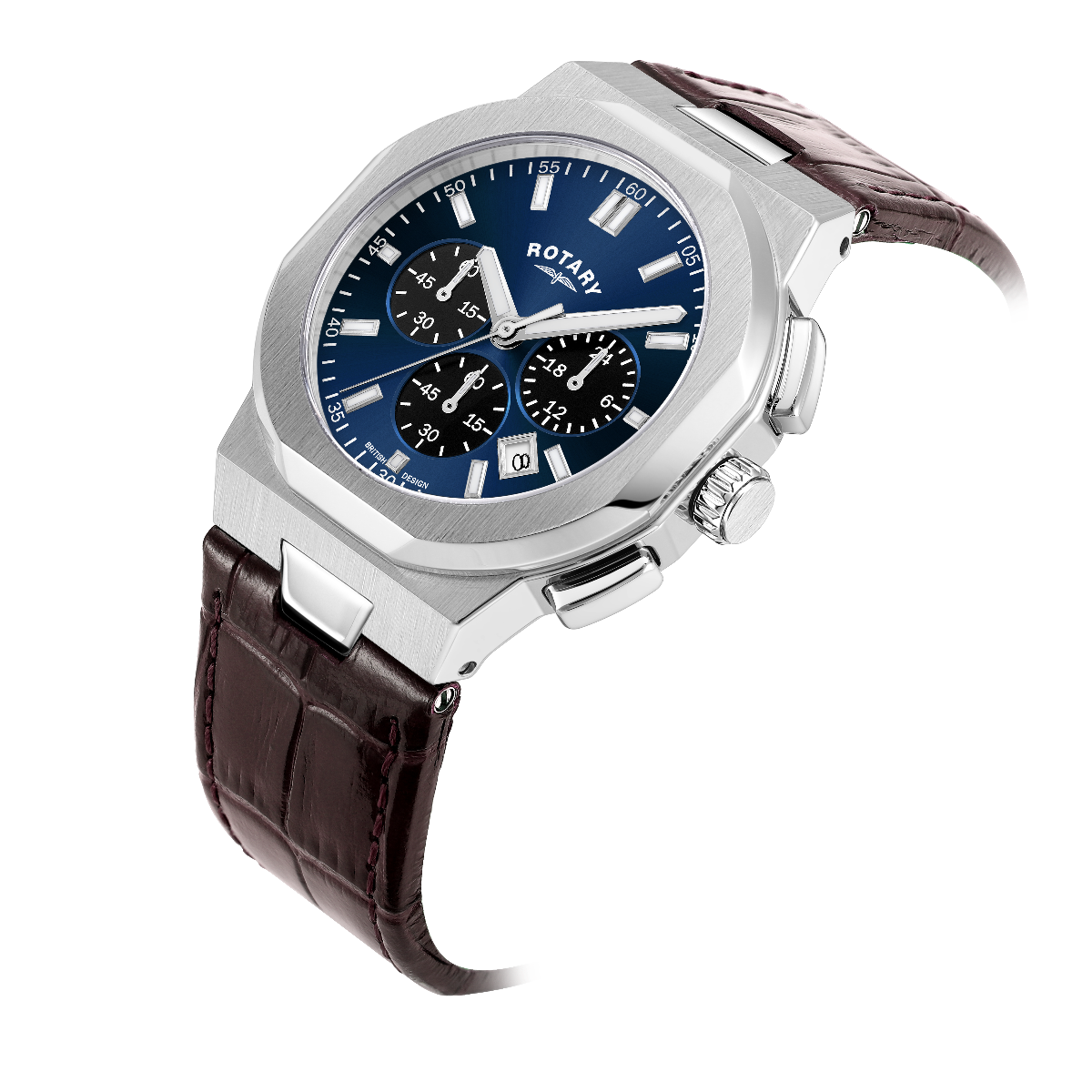 Gwyl Chronograff Dynion Rotary Regent gyda Deial Glas a Strap Lledr Brown GS05450/05