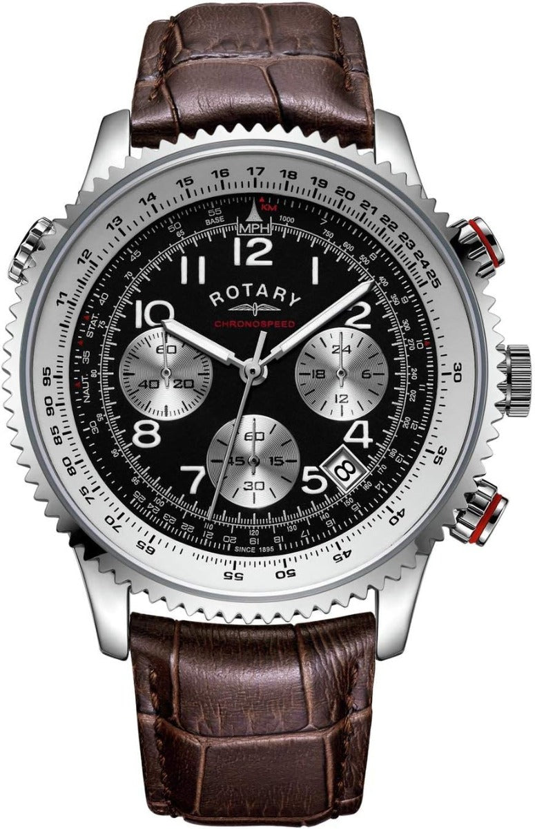 Rotary Men's Chronograph Watch with Black Dial and Brown Strap GS03351/19