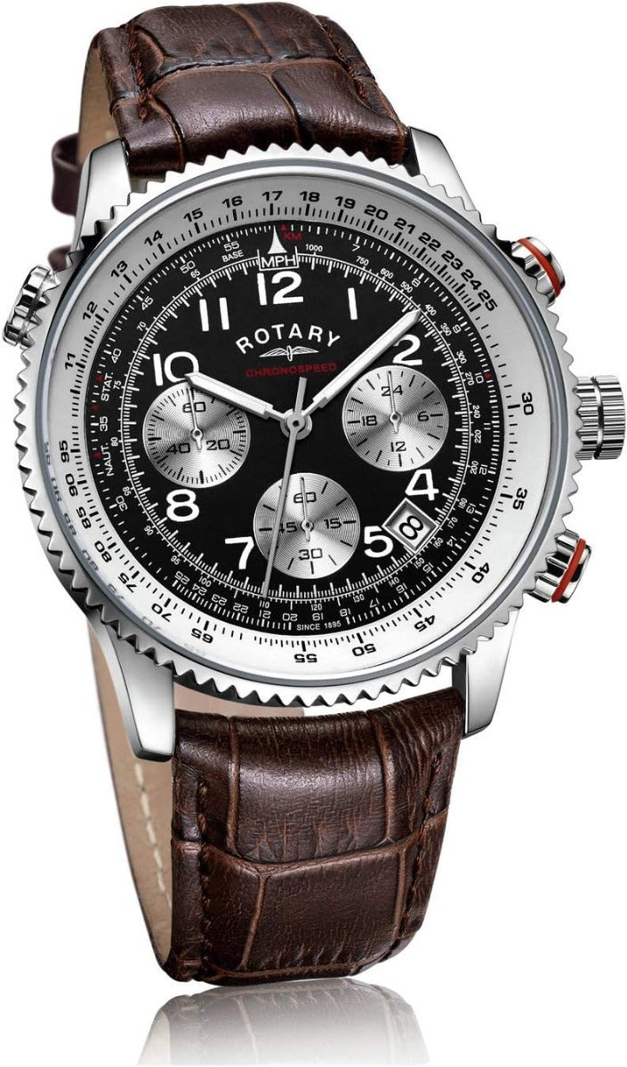 Rotary Men's Chronograph Watch with Black Dial and Brown Strap GS03351/19