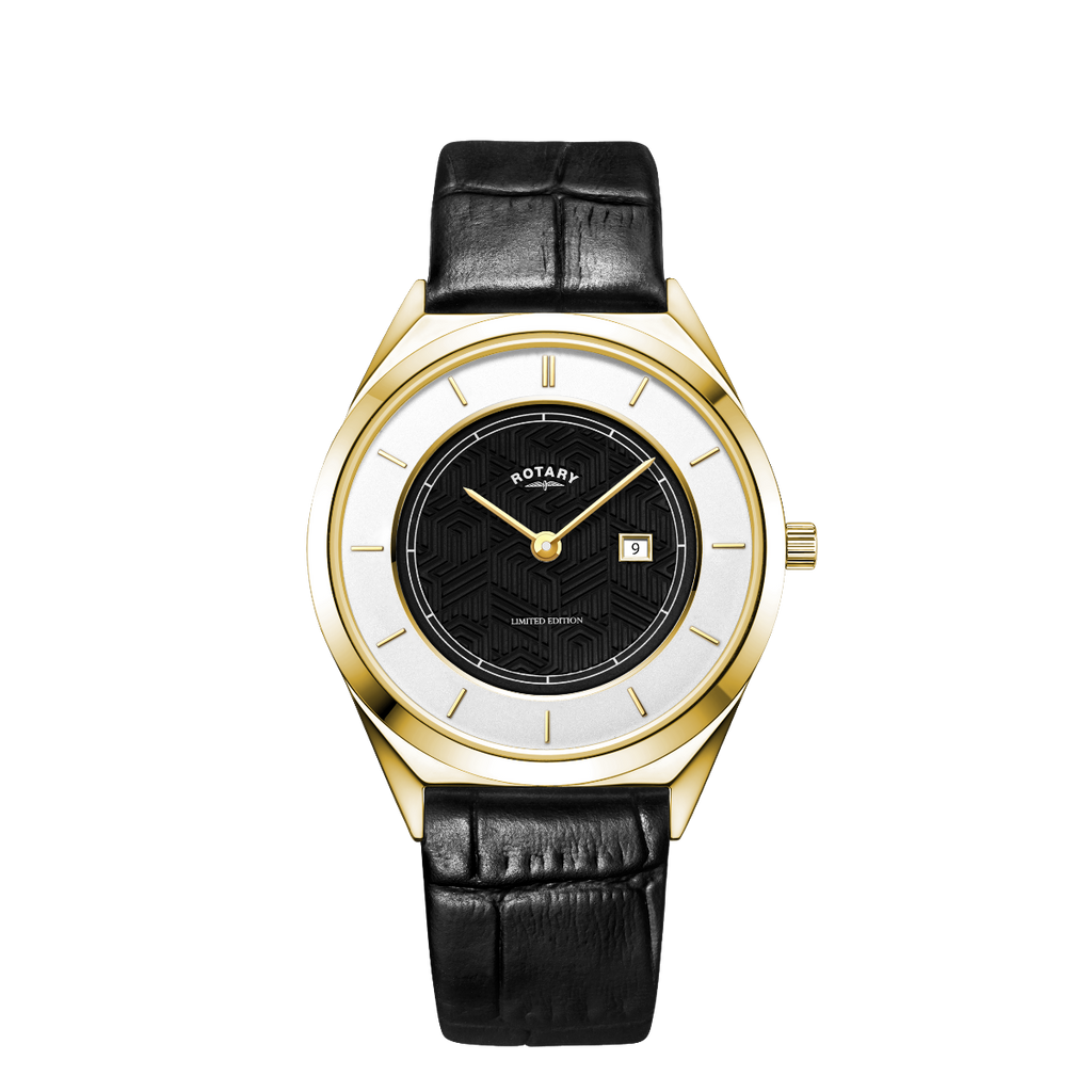 Cloc Casgliad Siampên Dynion Ultraslim Rotary gyda Deial Ddu a Strap Ddu GS08007/04