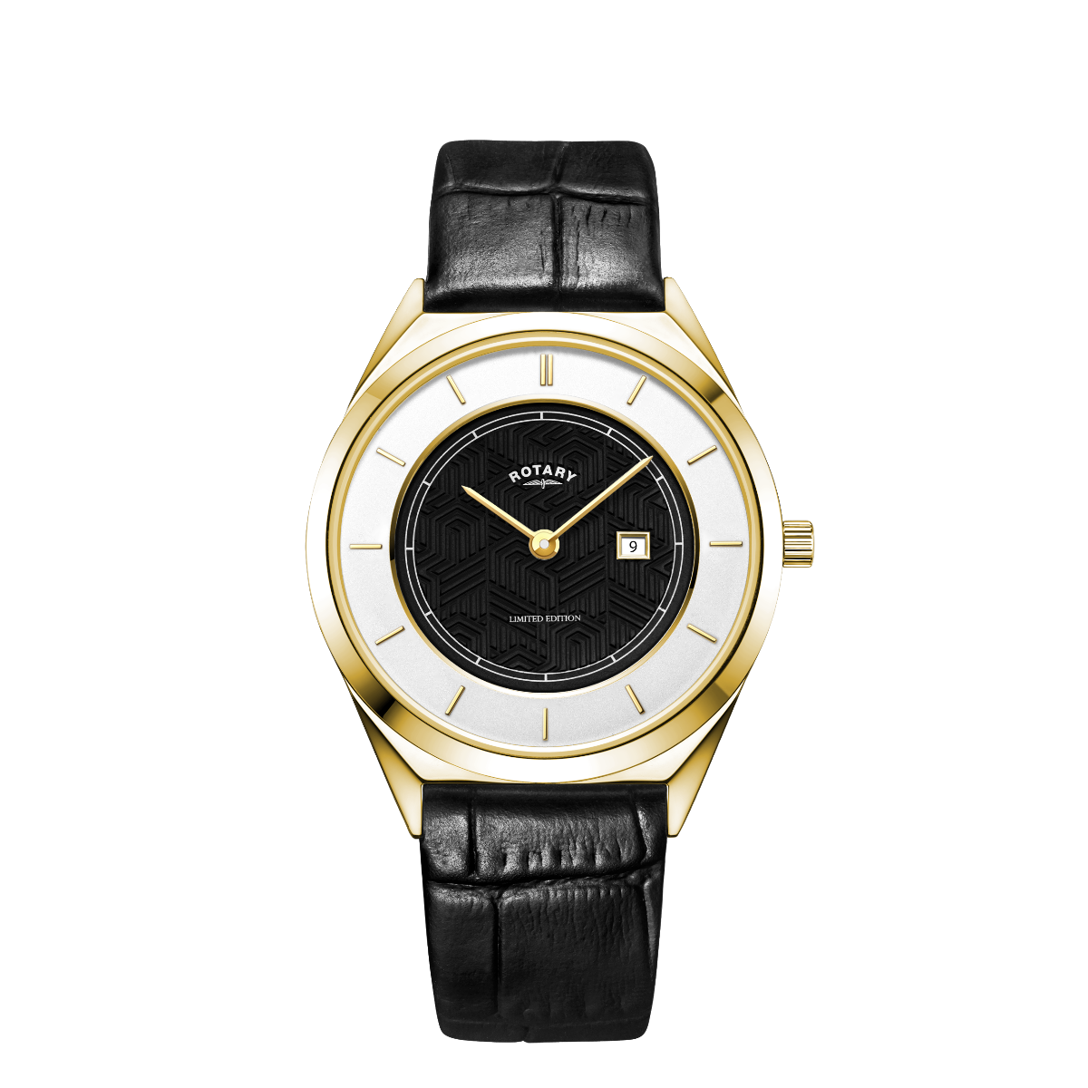 Cloc Casgliad Siampên Dynion Ultraslim Rotary gyda Deial Ddu a Strap Ddu GS08007/04