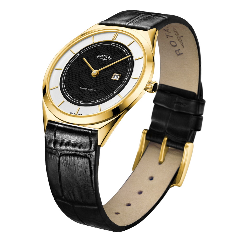 Cloc Casgliad Siampên Dynion Ultraslim Rotary gyda Deial Ddu a Strap Ddu GS08007/04