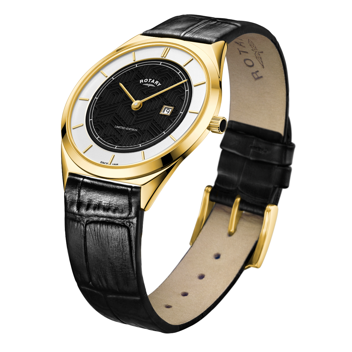 Cloc Casgliad Siampên Dynion Ultraslim Rotary gyda Deial Ddu a Strap Ddu GS08007/04