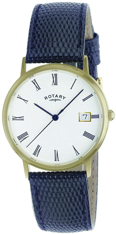 Rotary Gents 9ct Gold Watch with White Dial and Black Leather Strap GS11476/01