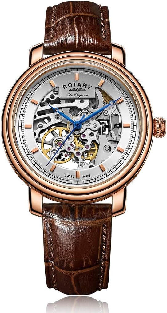 Clocsen Awtomatig Dynion Rotary gydag Wyneb Arian a Strap Ledr Brown GS90505/06