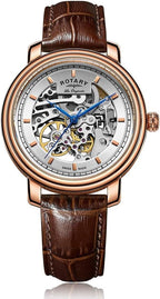 Clocsen Awtomatig Dynion Rotary gydag Wyneb Arian a Strap Ledr Brown GS90505/06