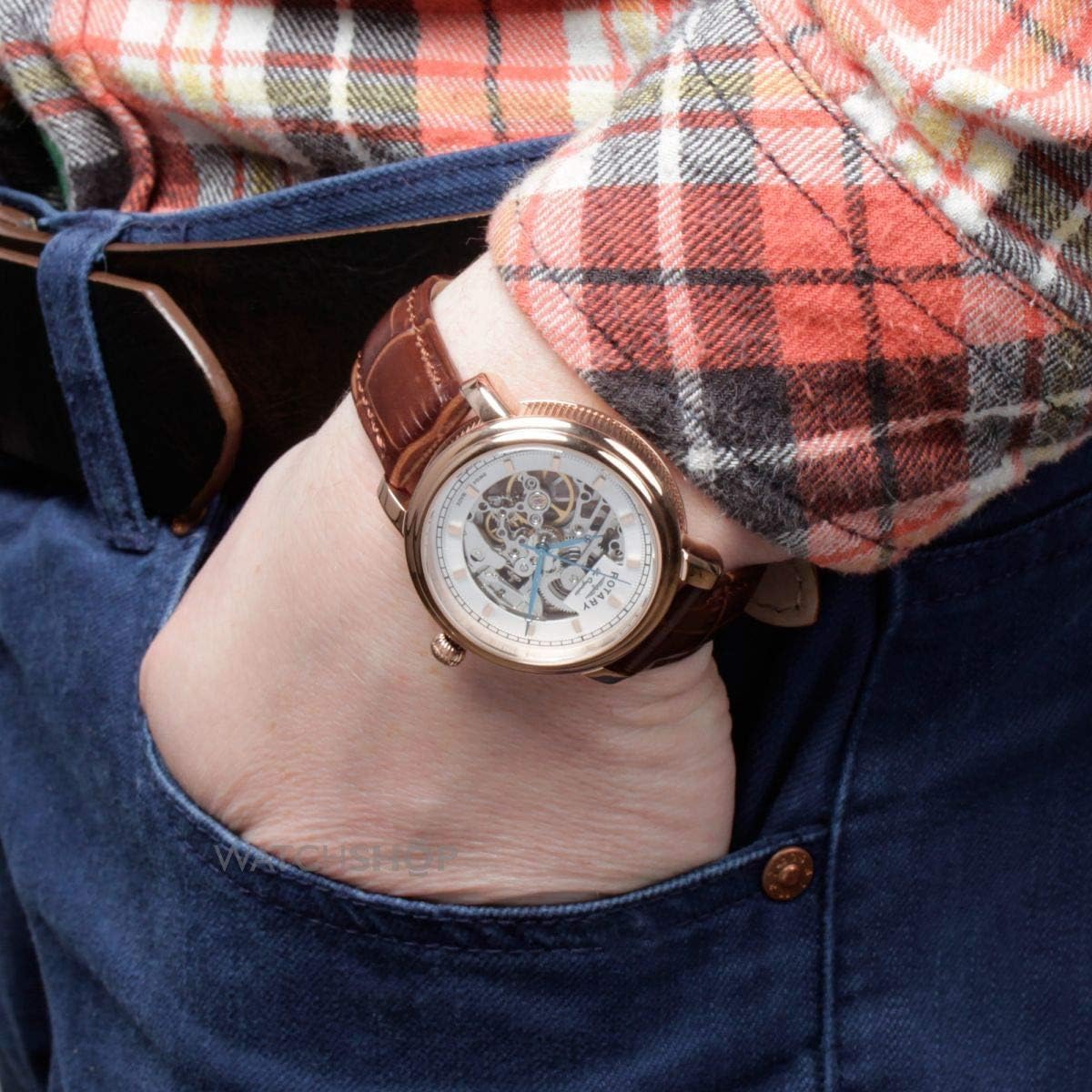 Clocsen Awtomatig Dynion Rotary gydag Wyneb Arian a Strap Ledr Brown GS90505/06