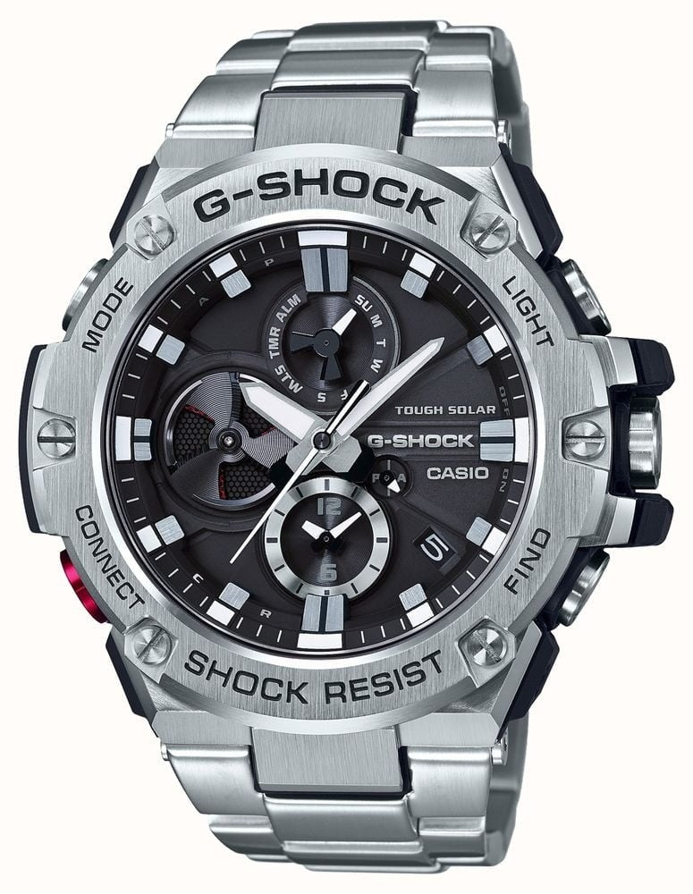 Gwylio Analog-Ddigidol Casio G-Shock i Ddynion gyda Deial Du a Strap Arian GST-B100D-1AER