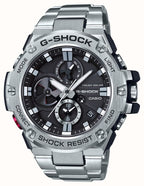 Gwylio Analog-Ddigidol Casio G-Shock i Ddynion gyda Deial Du a Strap Arian GST-B100D-1AER
