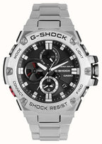 Gwylio Analog-Ddigidol Casio G-Shock i Ddynion gyda Deial Du a Strap Arian GST-B100D-1AER