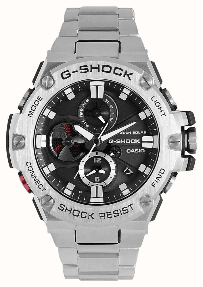 Gwylio Analog-Ddigidol Casio G-Shock i Ddynion gyda Deial Du a Strap Arian GST-B100D-1AER