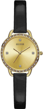 GUESS Ladies Watch with Gold Dial and Black Leather Strap GW0099L3