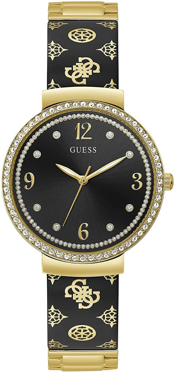 Guess Motif Ladies Watch with Black Sunray Dial and Gold Bracelet GW0252L2