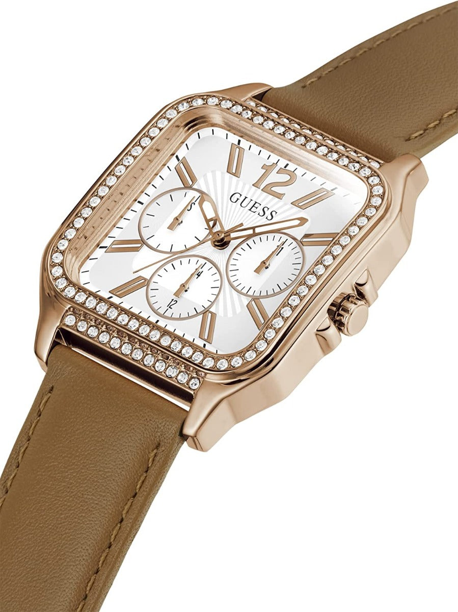 Guess Deco Ladies Watch with Silver Dial and Brown Leather Strap GW0309L3