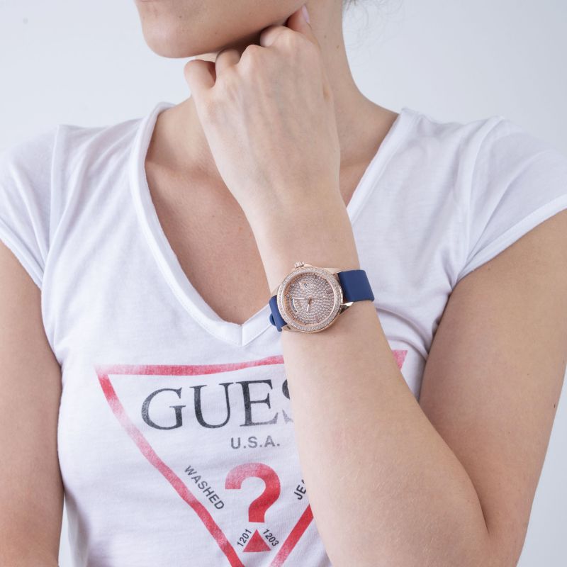 Guess Ladies Watch with Rose Gold and Blue Leather Strap GW0358L1