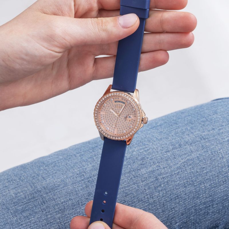 Guess Ladies Watch with Rose Gold and Blue Leather Strap GW0358L1