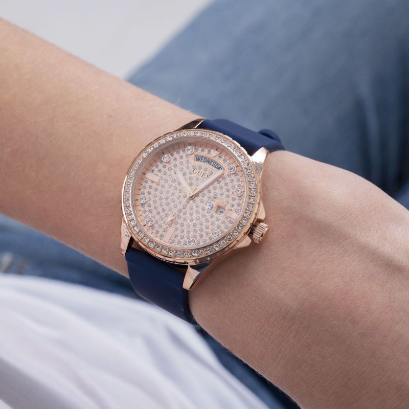 Guess Ladies Watch with Rose Gold and Blue Leather Strap GW0358L1