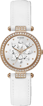 Guess Full Bloom Ladies Watch with Silver Dial and White Leather Strap GW0382L3