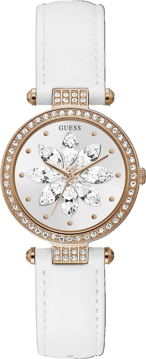 Guess Full Bloom Ladies Watch with Silver Dial and White Leather Strap GW0382L3