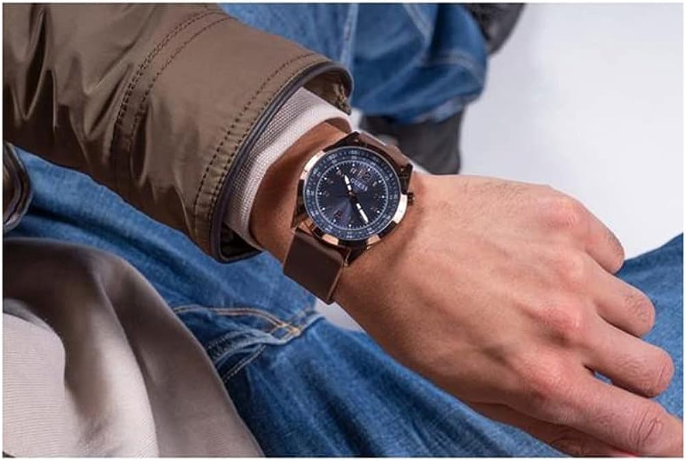 GUESS Mens Watch with Blue Dial and Brown Strap GW0494G3